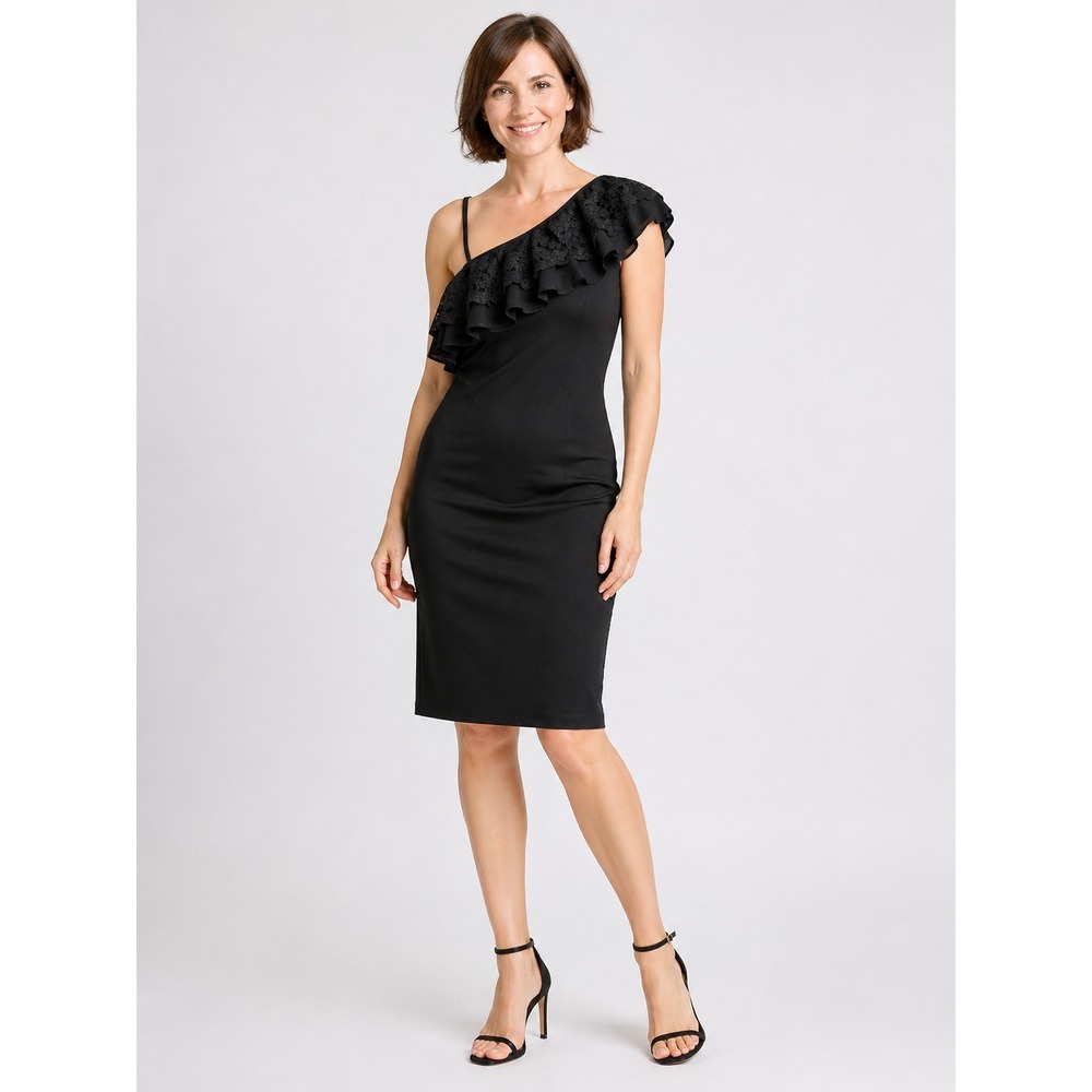 Calvin Klein Womens Black One Shoulder Ruffle Lace Cocktail Dress Size 10
